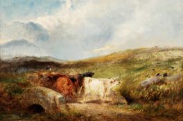 Circle of James Edwin Meadows, Cattle crossing a bridge, oil on canvas, Bears signature lower