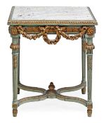 A green painted, parcel gilt and alabaster mounted occasional table, in Louis XVI style, last