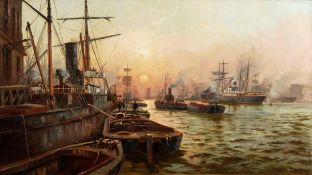 Charles James De Lacey (1860-1936), A busy harbour scene, oil on canvas, Signed lower right, 61 x
