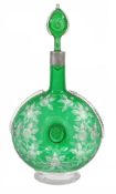 A Stourbridge green-flashed and clear glass moon-flask and stopper, late 19th century, engraved