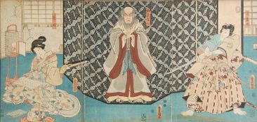 A Japanese triptych by Hokusai depicting actors, framed and glazed, 78cm wide and 40cm high Please n