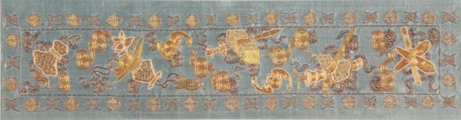 A pair of Chinese silk sleeve bands embroidered with gold thread with the Eight Auspicious