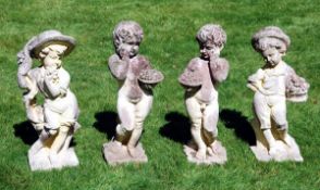 A pair of reconstituted stone garden figures of children, late 20th century, cast as standing and