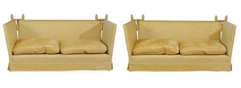 A pair of modern upholstered sofas, in Knole style, of recent manufacture, each of typical form,