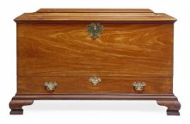 A George II mahogany chest, circa 1750, the hinged and moulded top above a pair of side carrying