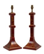 A pair of red lacquered and parcel gilt composition table lamps, modern, the knopped square