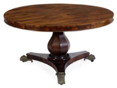 A Victorian rosewood centre table, circa 1880, the circular top with moulded edge and frieze,
