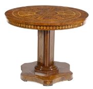 A Continental walnut and marquetry decorated circular top, 19th century, the circular top with