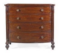 A George III mahogany bowfront chest of drawers, circa 1780, with four long drawers flanked by