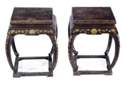A pair of Chinese black lacquer and gilt decorated wood stands, late 19th/early 20th century,