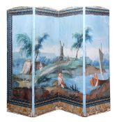 A eight fold painted screen or wall panel, 19th century and later, formed of two four-fold
