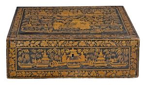 A black lacquer and chinoiserie decorated work box, late 18th/early 19th century, of rectangular