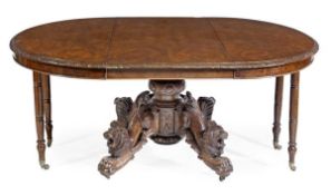 A burr walnut, oak and beech extending dining table, late 19th/early 20th century,  with four