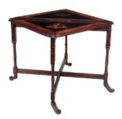 A walnut, ebonised and marquetry decorated dropleaf table, circa 1870, the slender rectangular top w