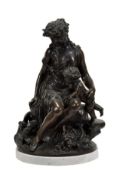 A French patinated bronze and marble mounted Bacchic group of a maiden and a putto, after Claude