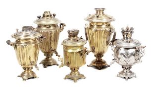 Five Russian metal samovars, 19th century, four of brass, one of white metal, of typical form with v