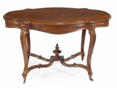 A Victorian rosewood centre table, circa 1870, the cartouche shaped top with moulded edge and