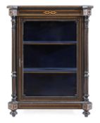 A Victorian ebonised, inlaid and gilt metal mounted vitrine, circa 1870, the top with outswept