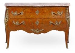 A French tulipwood and marquetry serpentine commode, in Louis XV style, first half 20th century,