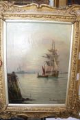 Late 19th Century School Boats by the harbour Oil on canvas Indistinctly signed lower right 29 x