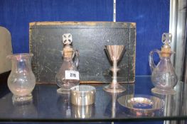 A communion set with three silver hallmarked pieces etc.