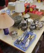 A quantity of silverplate, including a four piece tea service, loose cutlery and further items etc.