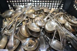 A mixed quantity of plated flatware, a smaller amount of silver hallmarked flatware including two