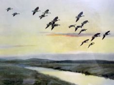 After Sir Peter Scott (1909 - 1989) Flying ducks Polychrome print Signed in pencil to the margin