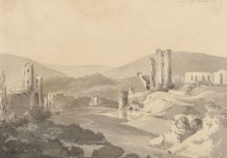 William Day (1764-1807) Caerfilly Castle, Glamorganshire, Monochrome watercolour and pencil