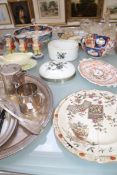 A mixed lot to include some Mappin & Webb plated items, three Staffordshire figural condiments, a