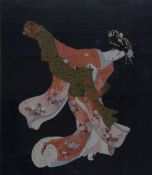 A modern machine woven silk panel depicting a dancing Geisha, framed and glazed; 69 x 59.5cm