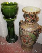 A late Victorian green glazed facetted jardinière and stand 94cm high and a large modern Chinese