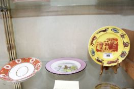 A canary yellow ground child`s nursery plate of circular form with moulded animal border and central