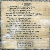 A 19th Century School sampler `A Minute` by Elizabeth Pearce dated `March 31st 1834`, held under