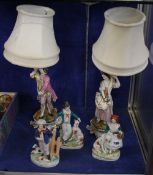 A pair of Paris Porcelain figural lamps (sold as parts) and three Staffordshire figures (a/f)