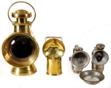 Lamps; a veteran period brass Lucas Petroleum motor lamp, 14in. (35.6cm) high, a nickel-plated