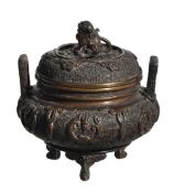 A bronze twin handled censor and cover with dog of fo finial; 14cm high