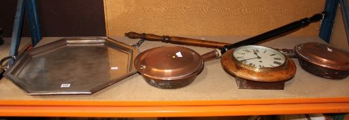 Two copper warming pans, large plated octagonal twin handled serving tray and a wall clock with