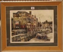 Sonia Robinson Riverside near Rotherhithe Watercolour and gouache Initialled lower right Name and