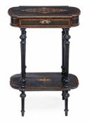 A French marquetry and ebonised work table, circa 1870, with thuya crossbanding throughout, the