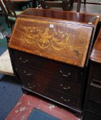 An Edwardian mahogany and marquetry bureau with three drawers 101cm high, 76cm wide