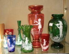 A quantity of Mary Gregory style glassware including a large red vase; 27cm high etc.