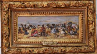 After Eugene Boudin (1824-1898) Beach scene Oil on board Bears initials lower right 12 x 32.5cm