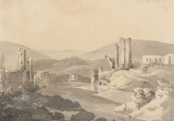 William Day (1764-1807) Caerfilly Castle, Glamorganshire, Monochrome watercolour and pencil