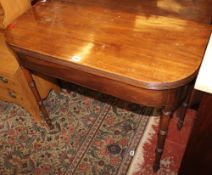 A 19th Century mahogany tea table on ring turned tapering legs 74cm high, 90cm wide  Best Bid