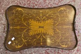 An Edwardian mahogany twin handled tray with marquetry decoration together with a mahogany