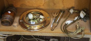 A small quantity of mixed metalware including three Hovis loaf tins, a brass port hole style wall