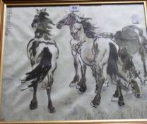 A 20th Century Oriental silkwork depicting horses; framed and glazed; 38.5 x 43cm, together with