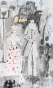 Unknown artist Two Victorian Figures within a town landscape, 1961 pen and ink with watercolour on