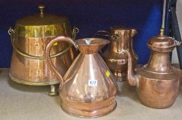 A Dutch copper and brass bucket, copper jug, and another on a pedestal base and a further jug with